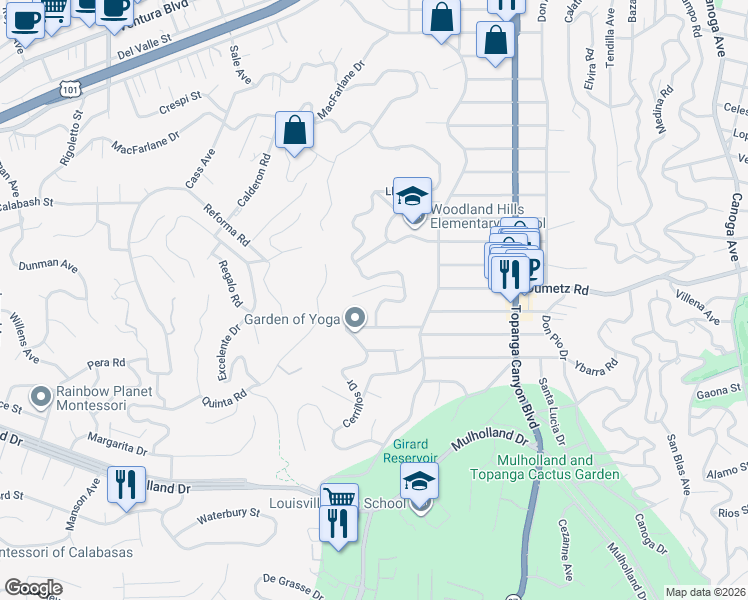 map of restaurants, bars, coffee shops, grocery stores, and more near 22248 Dumetz Road in Los Angeles