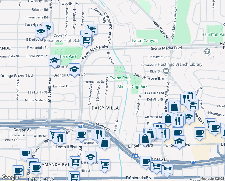 map of restaurants, bars, coffee shops, grocery stores, and more near 581 North Sunnyslope Avenue in Pasadena
