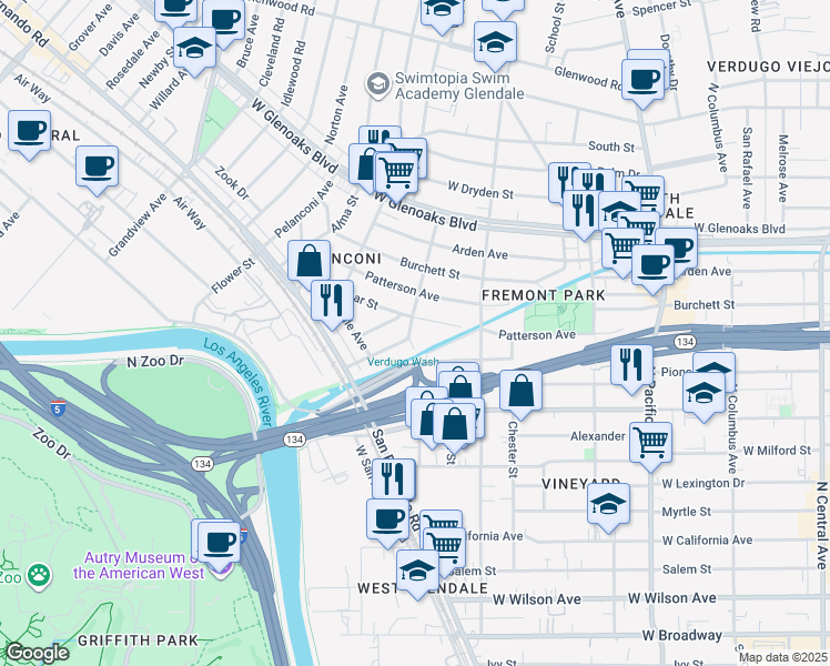 map of restaurants, bars, coffee shops, grocery stores, and more near 674 Estelle Avenue in Glendale