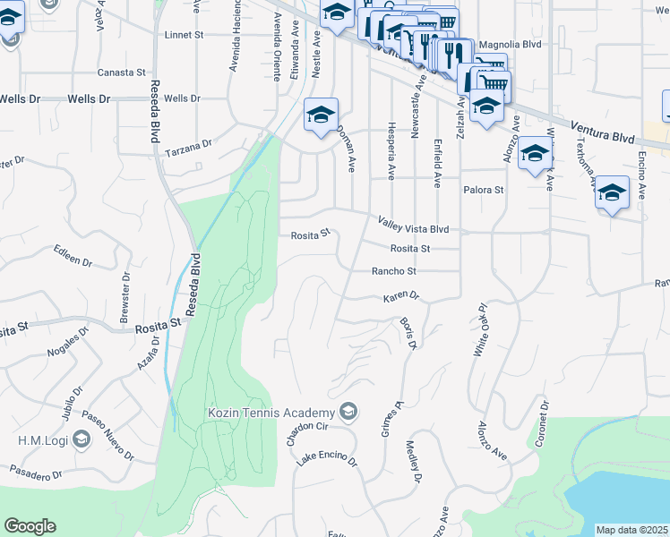 map of restaurants, bars, coffee shops, grocery stores, and more near 18116 Rancho Street in Los Angeles
