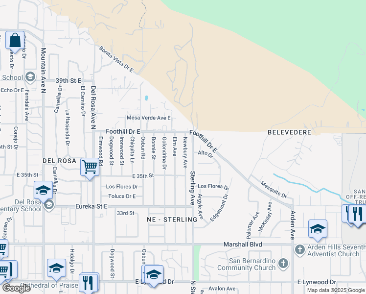 map of restaurants, bars, coffee shops, grocery stores, and more near 5362 Newbury Avenue in San Bernardino