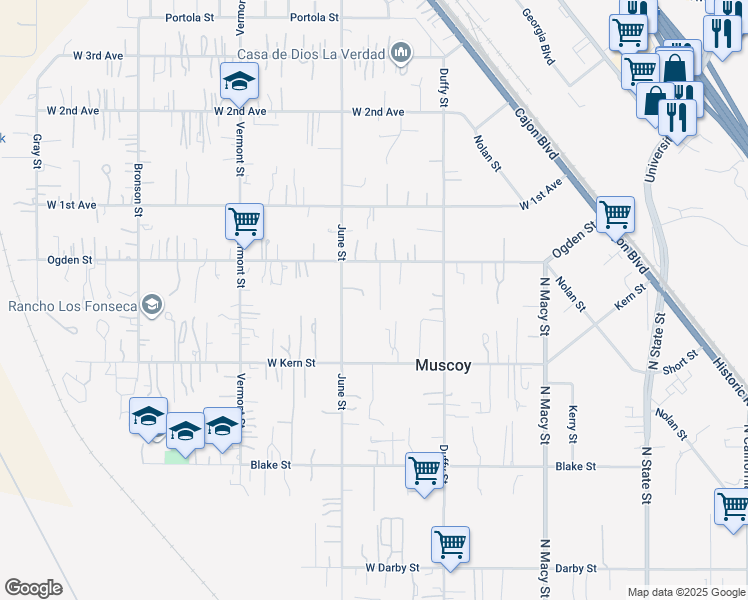 map of restaurants, bars, coffee shops, grocery stores, and more near 3333 Otono Court in Muscoy