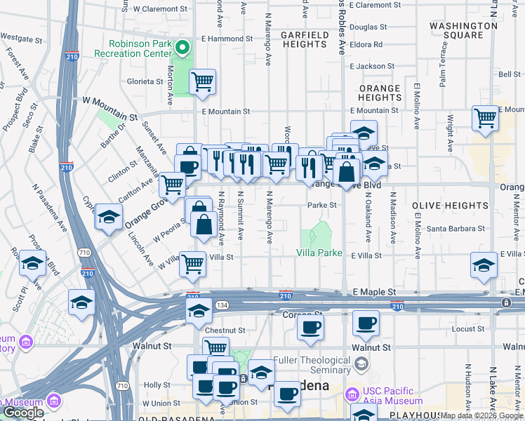 map of restaurants, bars, coffee shops, grocery stores, and more near 612 North Marengo Avenue in Pasadena