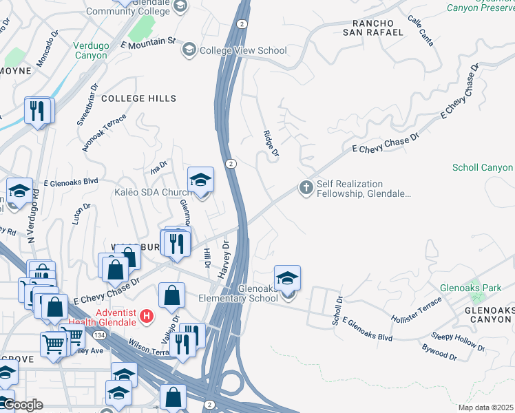 map of restaurants, bars, coffee shops, grocery stores, and more near 2057 East Chevy Chase Drive in Glendale