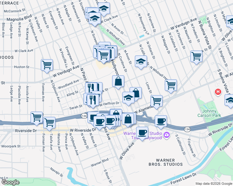 map of restaurants, bars, coffee shops, grocery stores, and more near 330 North Screenland Drive in Burbank