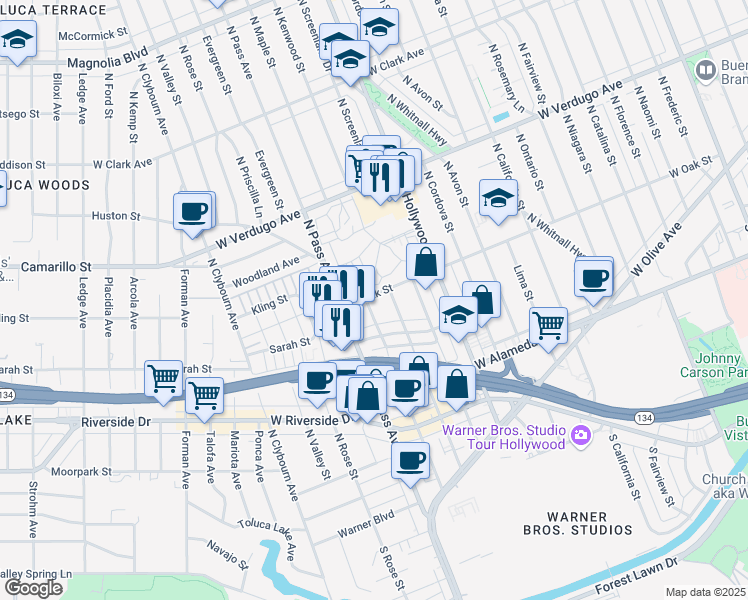 map of restaurants, bars, coffee shops, grocery stores, and more near 333C North Kenwood Street in Burbank