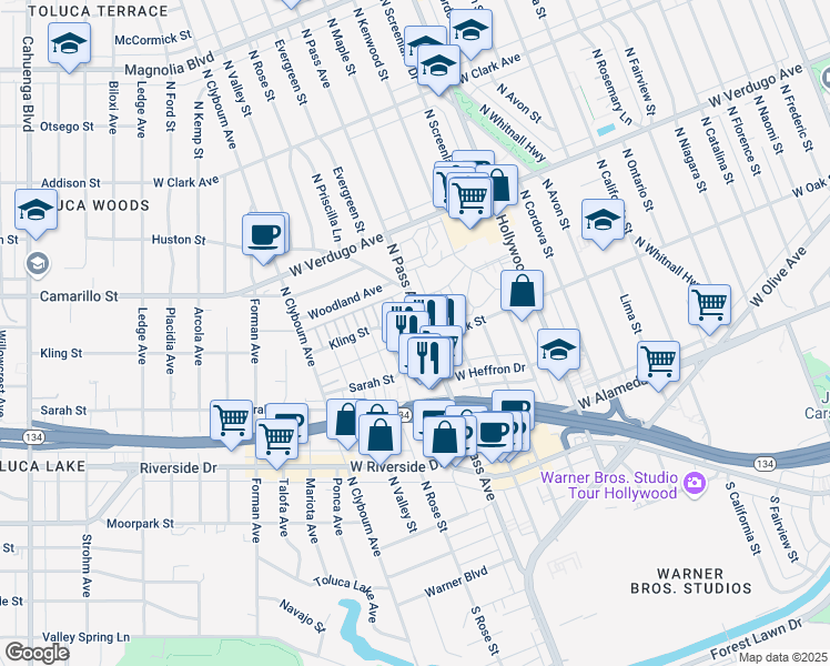 map of restaurants, bars, coffee shops, grocery stores, and more near 4141 Kling Street in Burbank