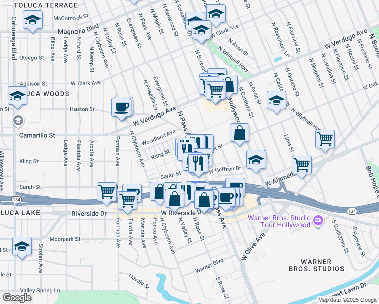 map of restaurants, bars, coffee shops, grocery stores, and more near 401 North Pass Avenue in Burbank
