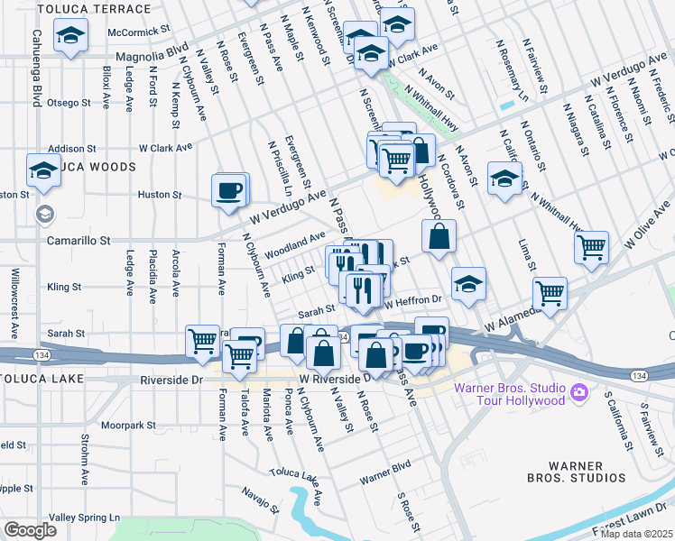 map of restaurants, bars, coffee shops, grocery stores, and more near 4141 Kling Street in Burbank