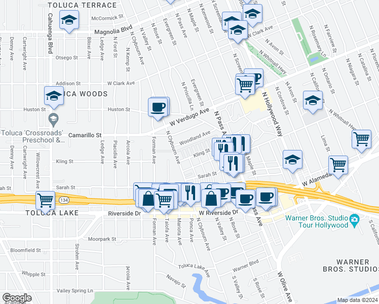 map of restaurants, bars, coffee shops, grocery stores, and more near 4401 West Kling Street in Burbank