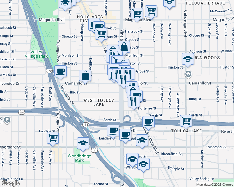 map of restaurants, bars, coffee shops, grocery stores, and more near 1014 Blix Street in Los Angeles