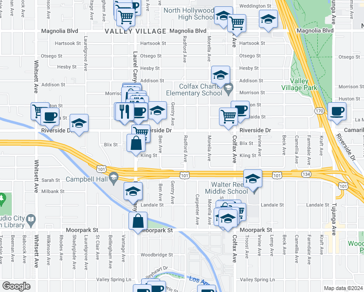 map of restaurants, bars, coffee shops, grocery stores, and more near 4720 Radford Avenue in Los Angeles
