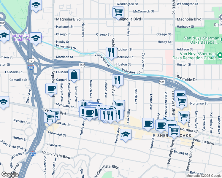map of restaurants, bars, coffee shops, grocery stores, and more near 4727 Kester Avenue in Los Angeles