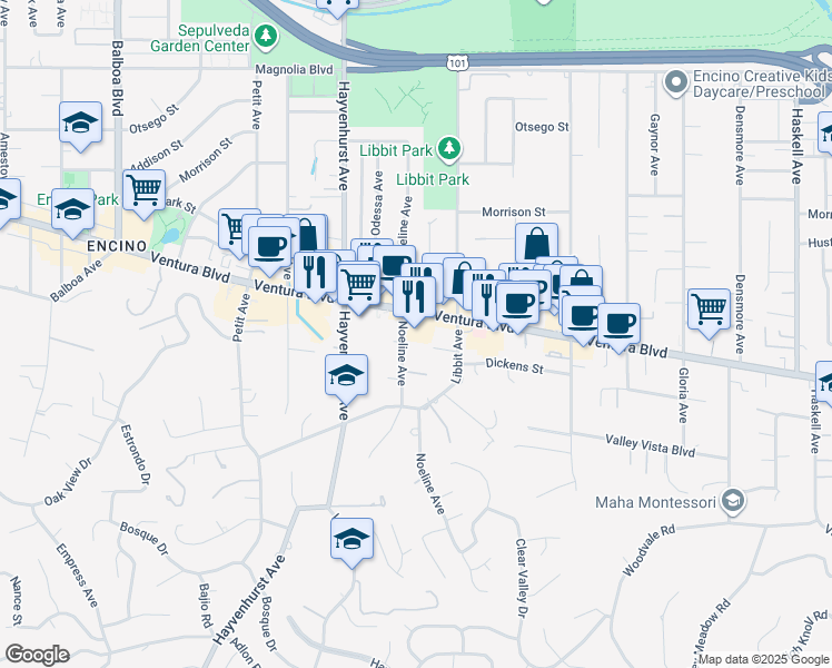 map of restaurants, bars, coffee shops, grocery stores, and more near 16350 Ventura Boulevard in Los Angeles