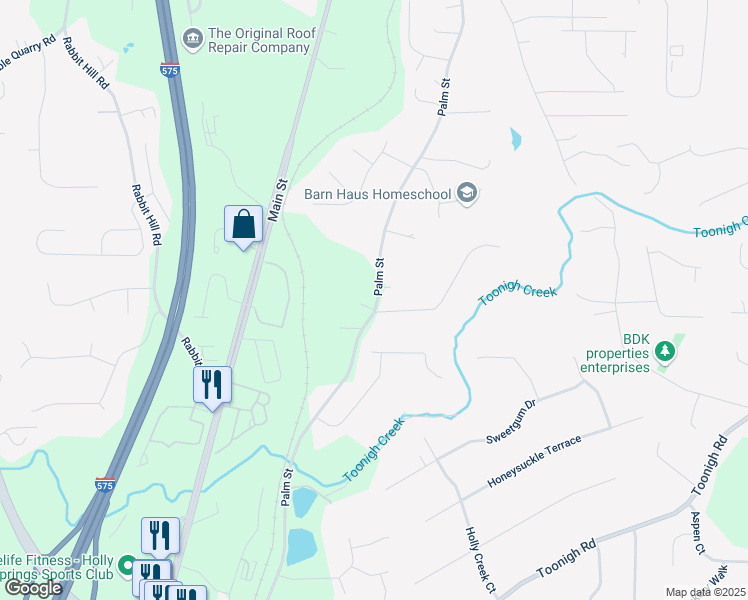 map of restaurants, bars, coffee shops, grocery stores, and more near 1414 Palm Street in Holly Springs