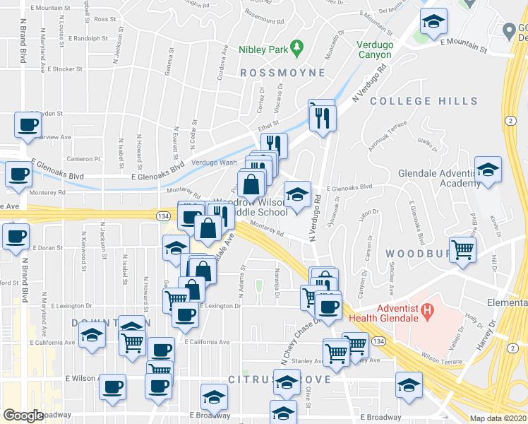map of restaurants, bars, coffee shops, grocery stores, and more near 719 North Adams Street in Glendale