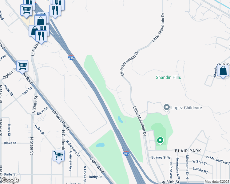 map of restaurants, bars, coffee shops, grocery stores, and more near 3578 Bond Street in San Bernardino