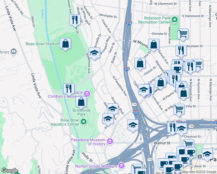 map of restaurants, bars, coffee shops, grocery stores, and more near 700 Prospect Boulevard in Pasadena