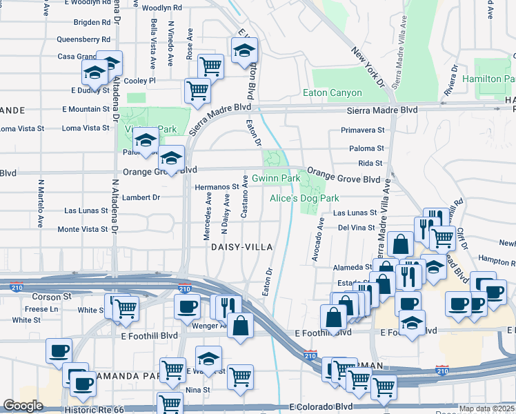 map of restaurants, bars, coffee shops, grocery stores, and more near 581 North Sunnyslope Avenue in Pasadena