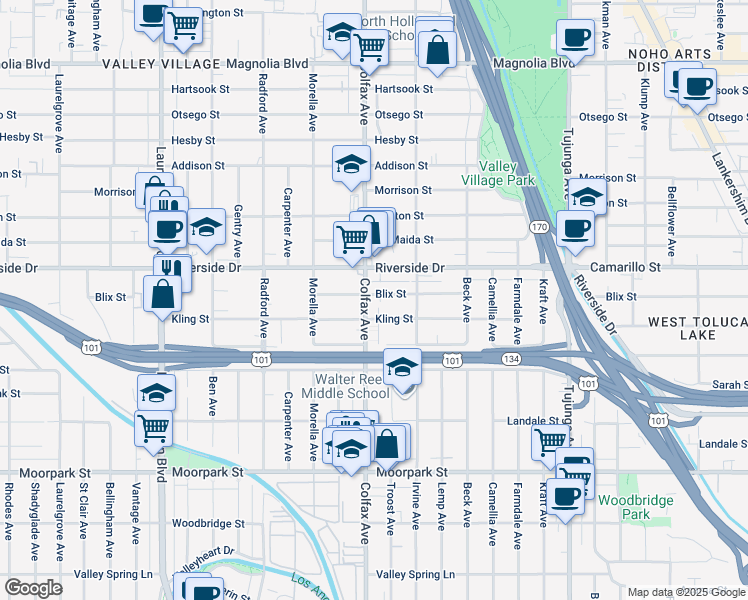 map of restaurants, bars, coffee shops, grocery stores, and more near 11650 Blix Street in Los Angeles