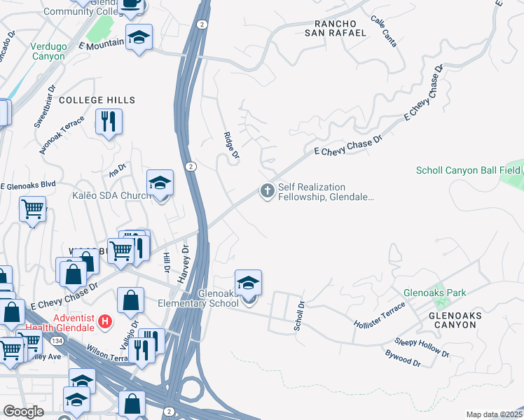 map of restaurants, bars, coffee shops, grocery stores, and more near 2146 East Chevy Chase Drive in Glendale