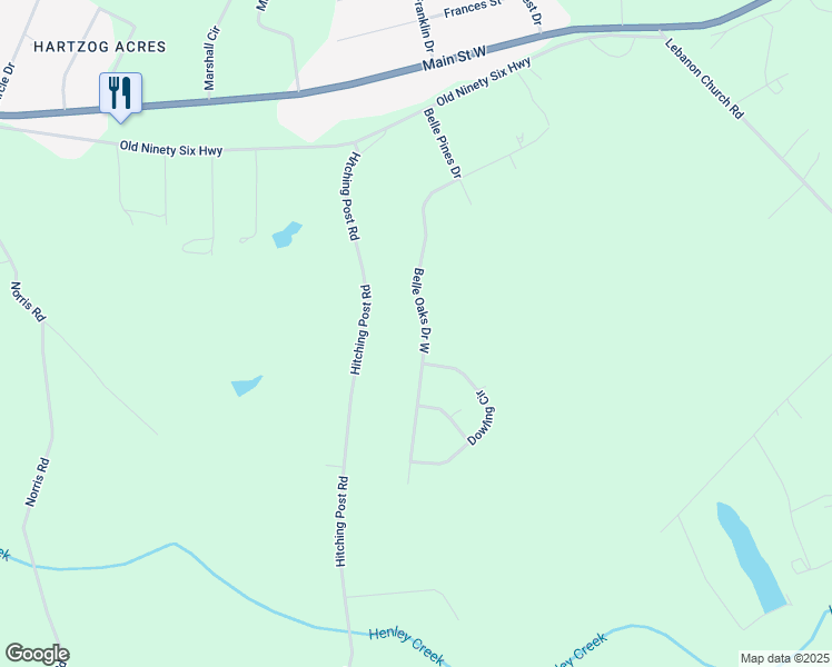 map of restaurants, bars, coffee shops, grocery stores, and more near 118 Belle Oaks Drive West in Greenwood