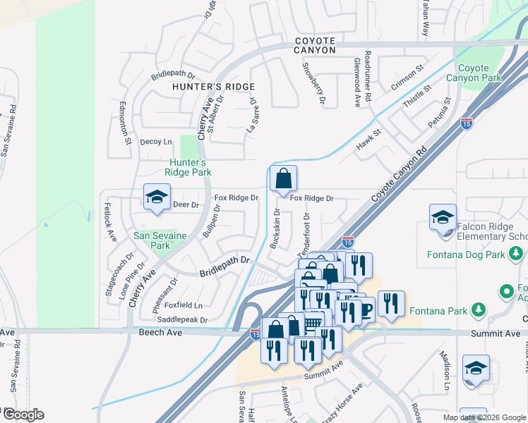 map of restaurants, bars, coffee shops, grocery stores, and more near 5373 Grand Prix Court in Fontana