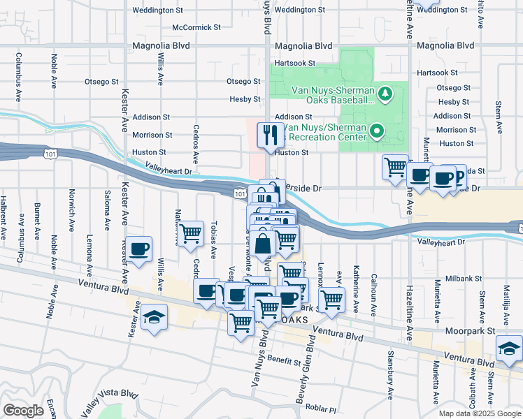 map of restaurants, bars, coffee shops, grocery stores, and more near 4717 Van Nuys Boulevard in Los Angeles