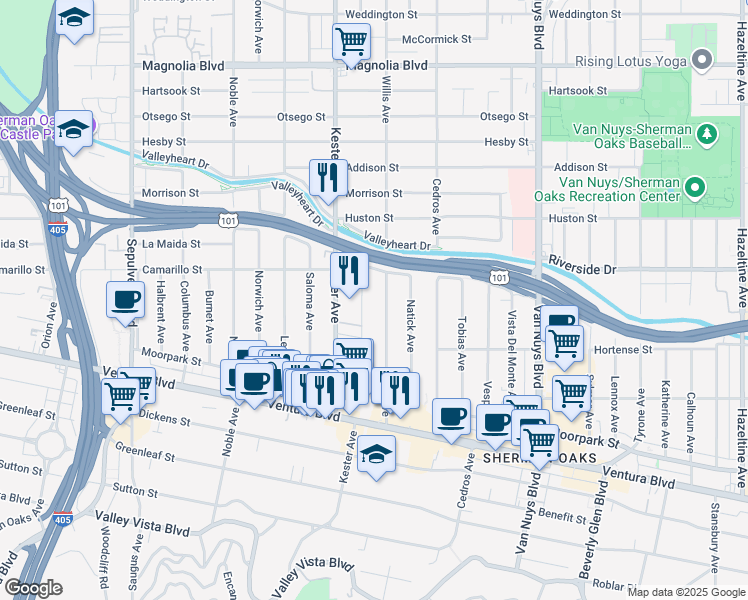 map of restaurants, bars, coffee shops, grocery stores, and more near 4707 Willis Avenue in Los Angeles