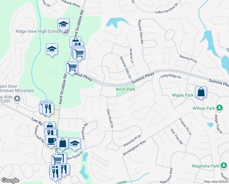 map of restaurants, bars, coffee shops, grocery stores, and more near 1201 Summit Parkway in Columbia