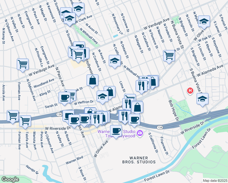map of restaurants, bars, coffee shops, grocery stores, and more near 301 North Avon Street in Burbank