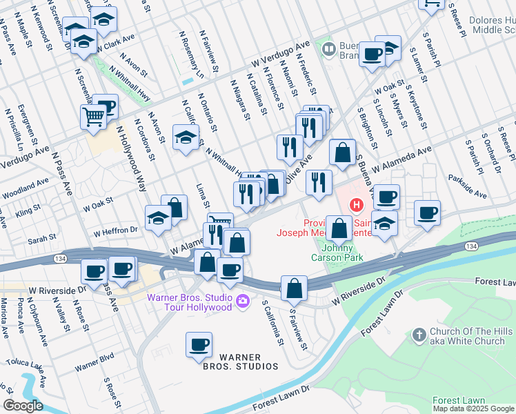 map of restaurants, bars, coffee shops, grocery stores, and more near 3111 West Olive Avenue in Burbank