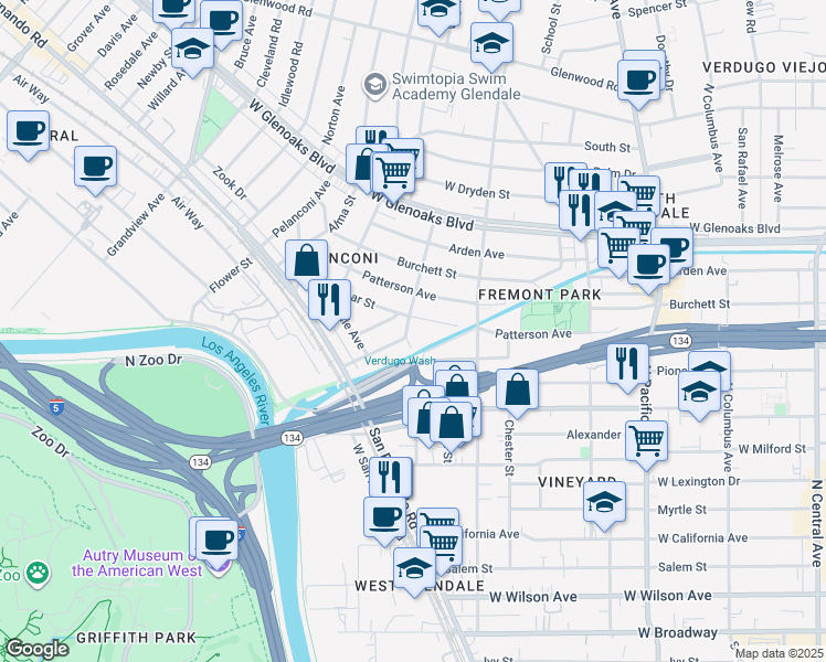 map of restaurants, bars, coffee shops, grocery stores, and more near 674 Estelle Avenue in Glendale