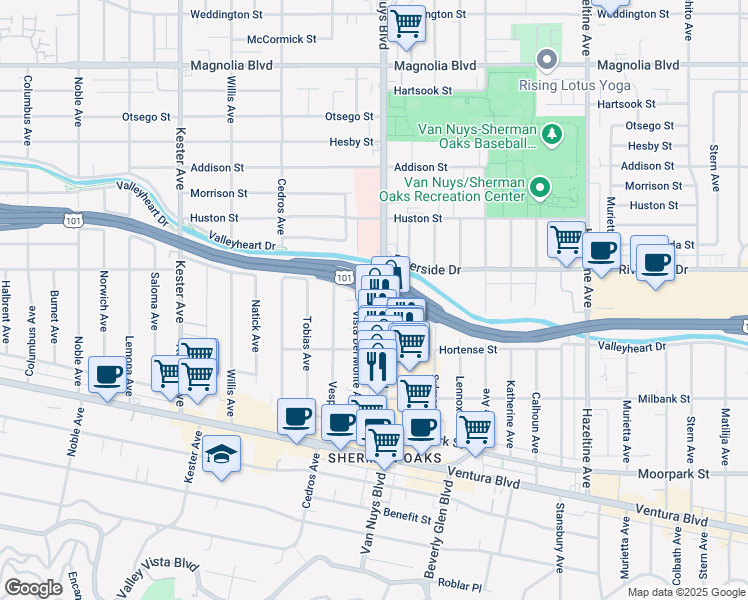 map of restaurants, bars, coffee shops, grocery stores, and more near 4717 Van Nuys Boulevard in Los Angeles