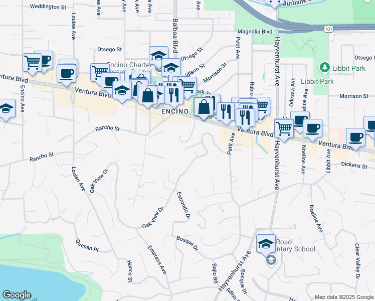 map of restaurants, bars, coffee shops, grocery stores, and more near 4710 Merlin Place in Los Angeles