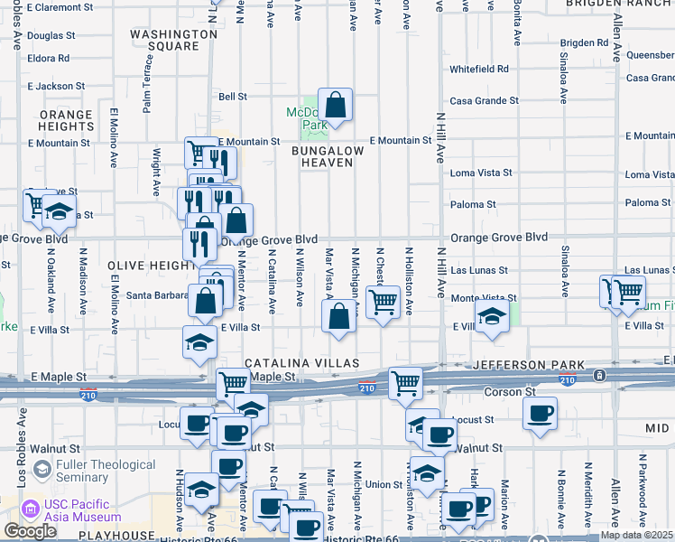 map of restaurants, bars, coffee shops, grocery stores, and more near 614 Mar Vista Avenue in Pasadena