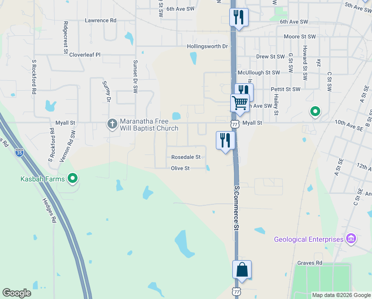 map of restaurants, bars, coffee shops, grocery stores, and more near 1500 Sunny Lane in Ardmore