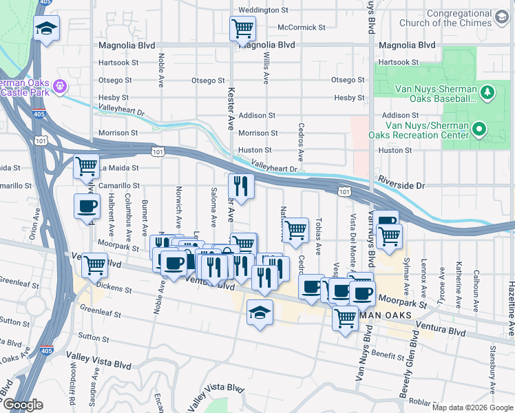 map of restaurants, bars, coffee shops, grocery stores, and more near 4707 Willis Avenue in Los Angeles