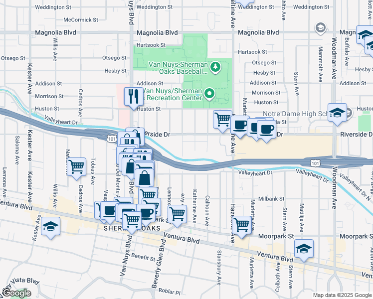 map of restaurants, bars, coffee shops, grocery stores, and more near 4716 Tyrone Avenue in Los Angeles