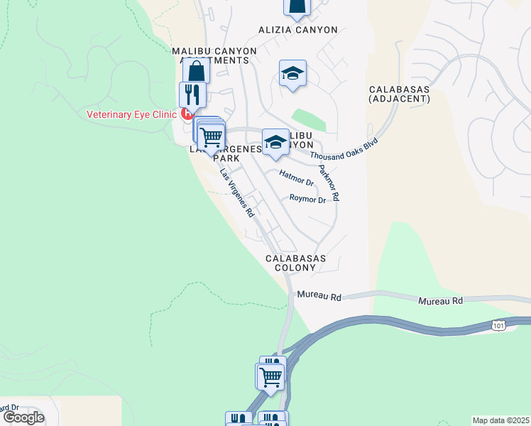 map of restaurants, bars, coffee shops, grocery stores, and more near 26322 West Bravo Lane in Calabasas