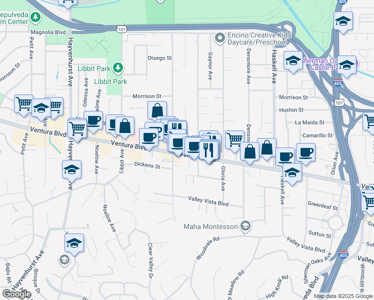 map of restaurants, bars, coffee shops, grocery stores, and more near 16027 Ventura Boulevard in Los Angeles