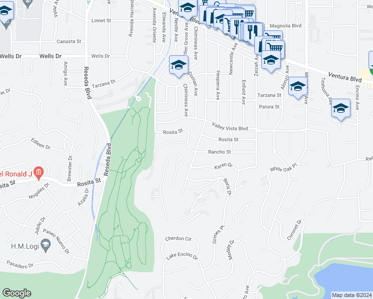 map of restaurants, bars, coffee shops, grocery stores, and more near 18116 Rancho Street in Los Angeles