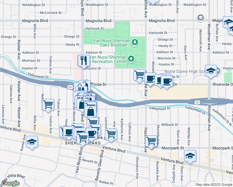 map of restaurants, bars, coffee shops, grocery stores, and more near 4716 Tyrone Avenue in Los Angeles