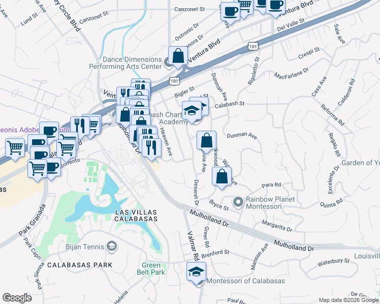 map of restaurants, bars, coffee shops, grocery stores, and more near 4711 Deseret Drive in Los Angeles