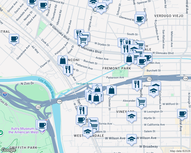 map of restaurants, bars, coffee shops, grocery stores, and more near 724 Omar Street in Glendale