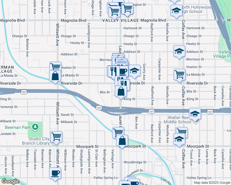 map of restaurants, bars, coffee shops, grocery stores, and more near 4724 Village Court Lane in Los Angeles
