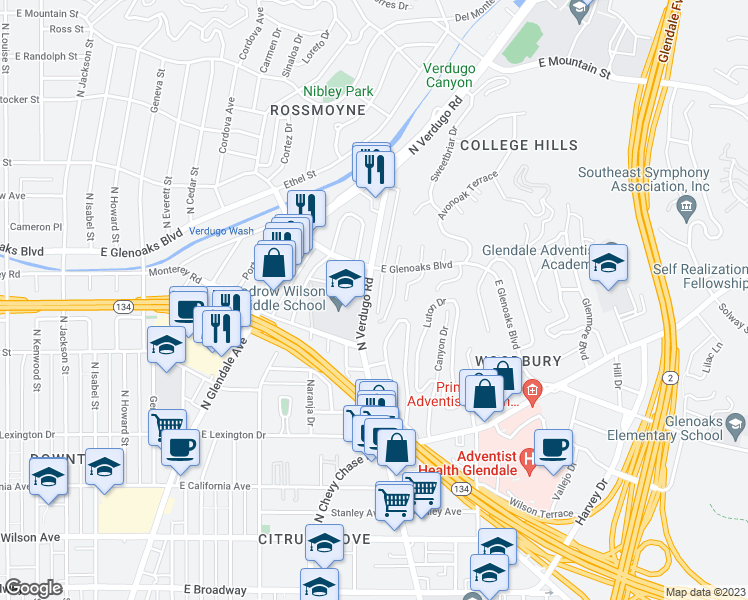 map of restaurants, bars, coffee shops, grocery stores, and more near 744 North Verdugo Road in Glendale