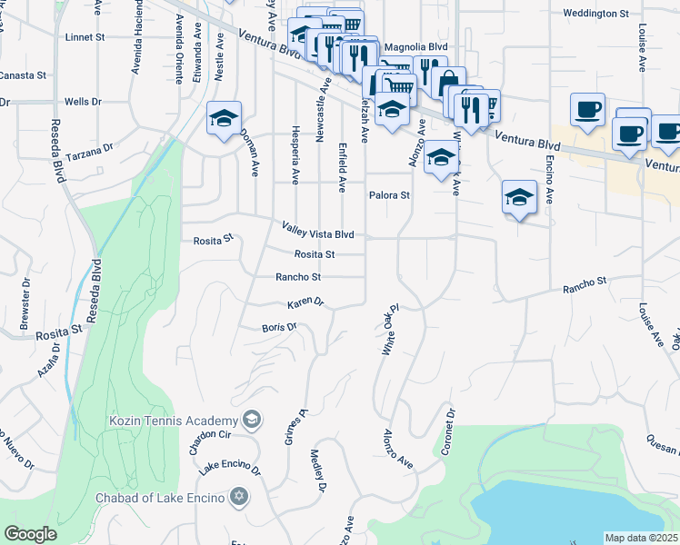 map of restaurants, bars, coffee shops, grocery stores, and more near 17961 Rancho Street in Los Angeles