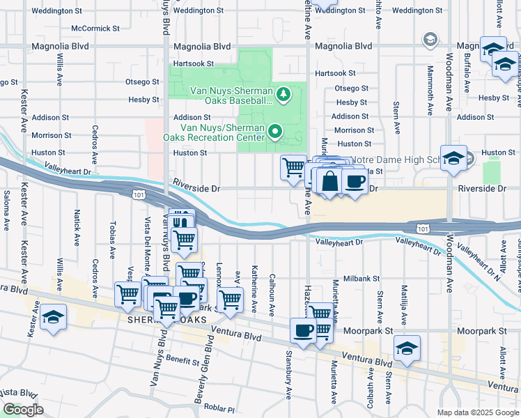 map of restaurants, bars, coffee shops, grocery stores, and more near 4714 Katherine Avenue in Los Angeles