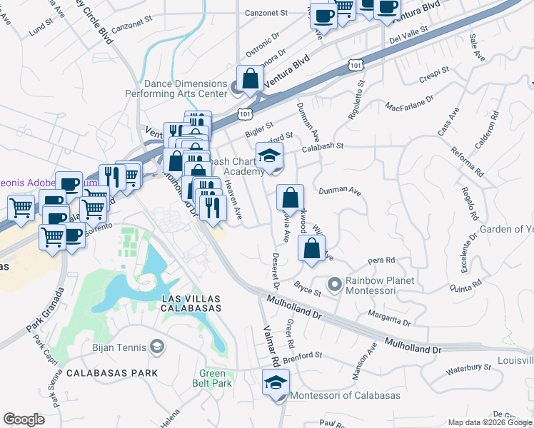 map of restaurants, bars, coffee shops, grocery stores, and more near 4711 Deseret Drive in Los Angeles